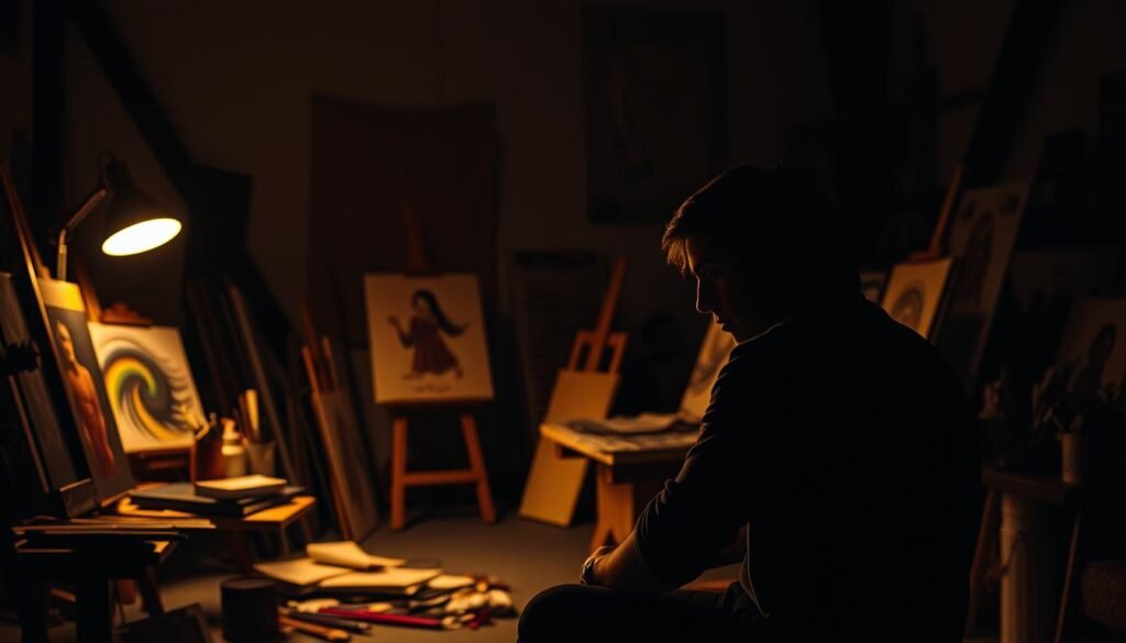 A dimly lit studio space, illuminated by the warm glow of a lone desk lamp. Canvases and brushes scattered across a cluttered workspace, suggesting the ongoing struggle of a Christian artist. In the foreground, a figure sits pensively, their face obscured, lost in deep contemplation. The atmosphere is one of tension and introspection, hinting at the unique challenges faced by those who seek to reconcile their faith with their artistic expression. BNWN