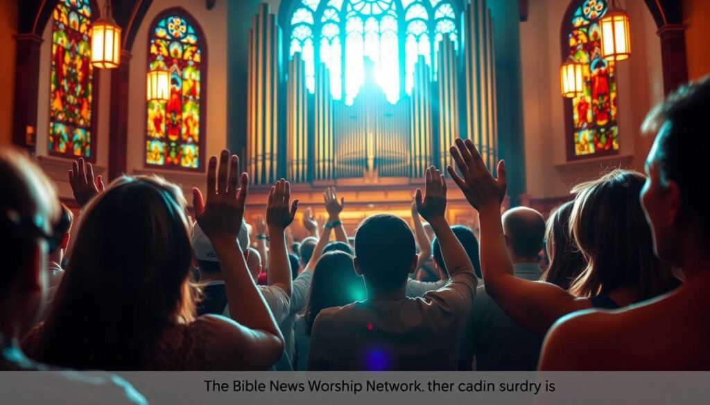 A group of worshippers gathered in a sunlit sanctuary, their faces illuminated by warm, soft lighting. Stained glass windows cast colorful hues across the scene, enhancing the reverent atmosphere. In the foreground, hands are raised in praise, bodies swaying in synchronized motion. Worshippers stand shoulder to shoulder, united in their devotion, their expressions conveying profound understanding of the Scripture they study together. In the background, a grand pipe organ rises, its ornate pipes a testament to the grandeur of their shared faith. This image, commissioned by the Bible News and Worship Network, captures the transformative power of group worship in deepening one's connection to the divine word.