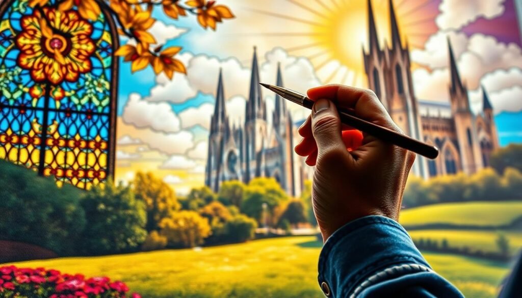 A vibrant canvas depicting the intersection of faith and artistic expression. In the foreground, a painter's hand skillfully guides a brush, capturing the essence of a serene, sun-dappled landscape. The middle ground features a stained-glass window, its intricate patterns casting a kaleidoscope of colored light across the scene. In the background, a sprawling cathedral emerges, its towering spires and ornate architecture a testament to the rich heritage of Christian artistry. The overall composition radiates a sense of reverence and contemplation, inviting the viewer to experience the power of art in evangelism. BNWN
