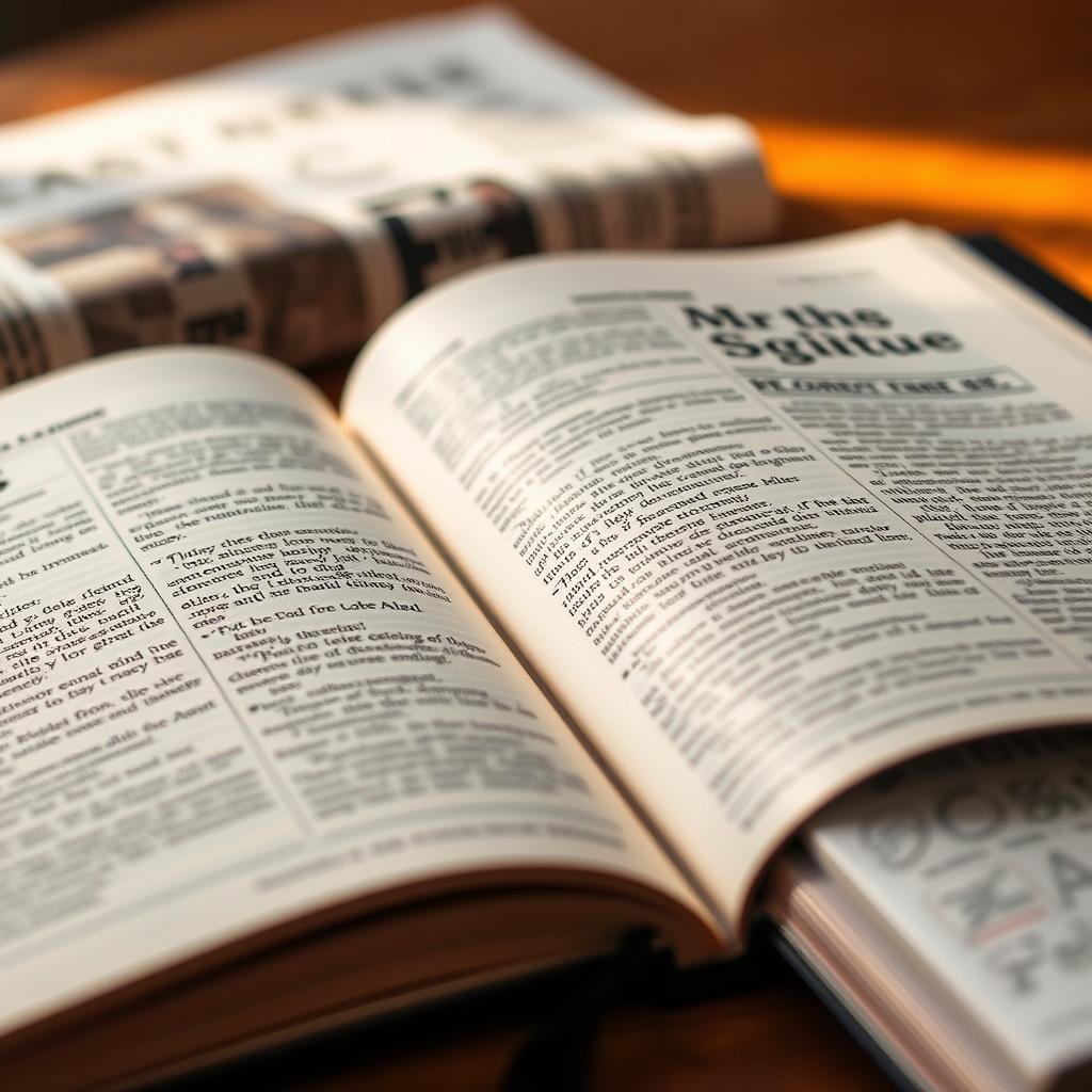 Open Bible with a newspaper, representing Christian worldview analysis of current events Open Bible with a newspaper, representing Christian worldview analysis of current events
