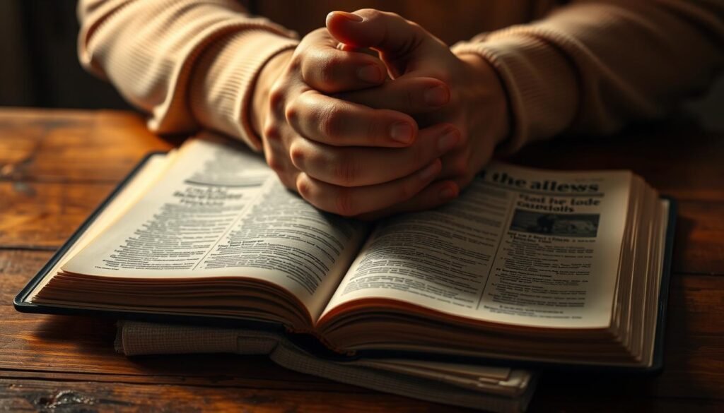 Person praying over a Bible and newspaper, representing Christian worldview analysis through prayer Person praying over a Bible and newspaper, representing Christian worldview analysis through prayer