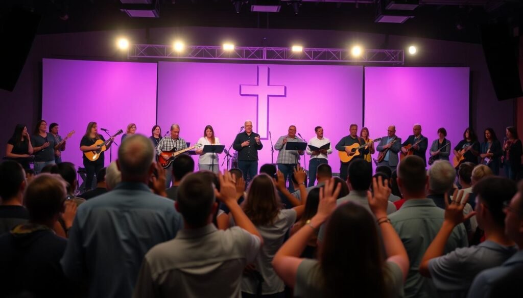Christian worship service with musicians leading congregation Christian worship service with musicians leading congregation