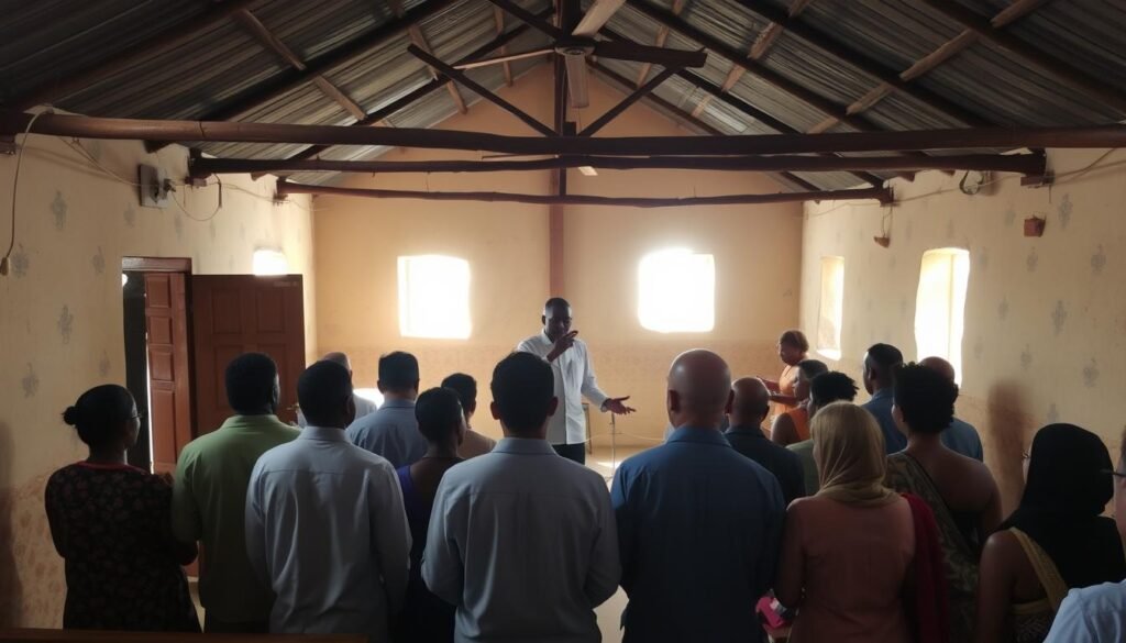 Christians gathering for worship in a simple church building Christians gathering for worship in a simple church building