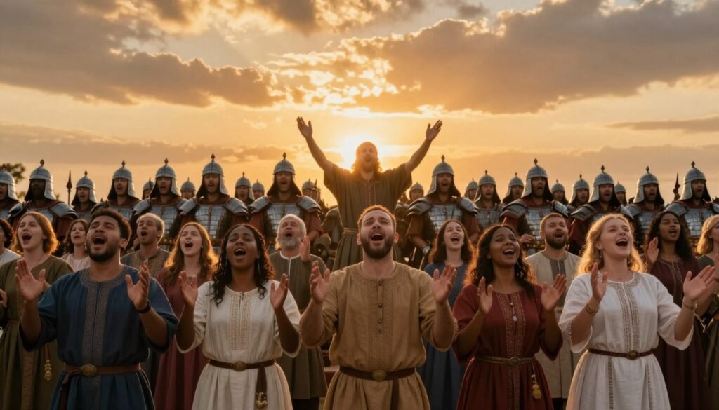 A vibrant scene depicting a diverse group of singers joyfully praising God ahead of a powerful army, symbolizing faith leading to victory. In the foreground, the singers, wearing modest, colorful attire, are passionately lifting their hands and singing with expressions of reverence and joy. The middle ground features a harmonious blend of warriors in traditional armor, standing resolutely, inspired by the uplifting worship. In the background, a dramatic sunset casts warm golden hues across the sky, creating a divine atmosphere filled with hope and anticipation. The scene is framed with gentle rays of light breaking through clouds, enhancing the feeling of celestial presence. The image is shot at a low angle to emphasize the strength and unity of the singers and soldiers, evoking a mood of triumphant faith before the battle.