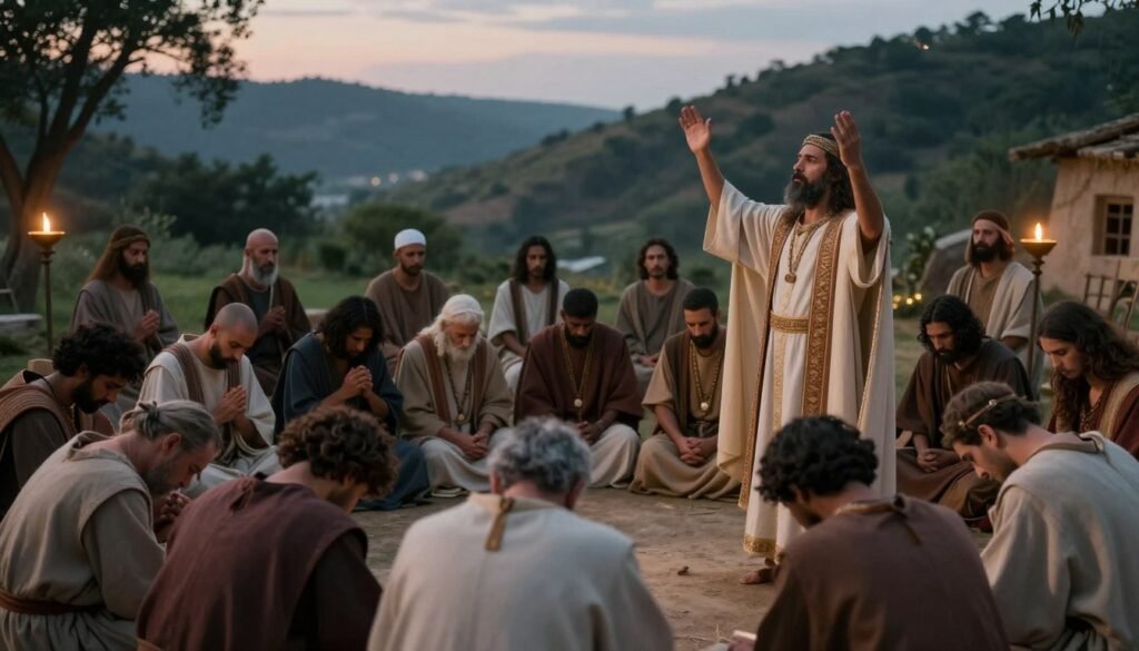 In a serene, ancient setting, a diverse group of people from the tribe of Judah gathers in a circle, heads bowed in prayer. Men and women, clad in modest robes and tunics, display a reverent expression as they engage in heartfelt worship. In the foreground, King Jehoshaphat stands confidently, raising his hands towards the heavens, passionately articulating the imminent danger facing them. His face reflects determination, and his attire is regal yet modest, adorned with subtle patterns to signify his leadership. In the middle ground, the community listens intently, their expressions ranging from hope to concern, surrounded by soft flickering light from oil lamps, casting gentle shadows. The background features lush hills and a dusky sky, indicating twilight, symbolizing the transition from despair to hope, creating an atmosphere of unity and faith amidst adversity.